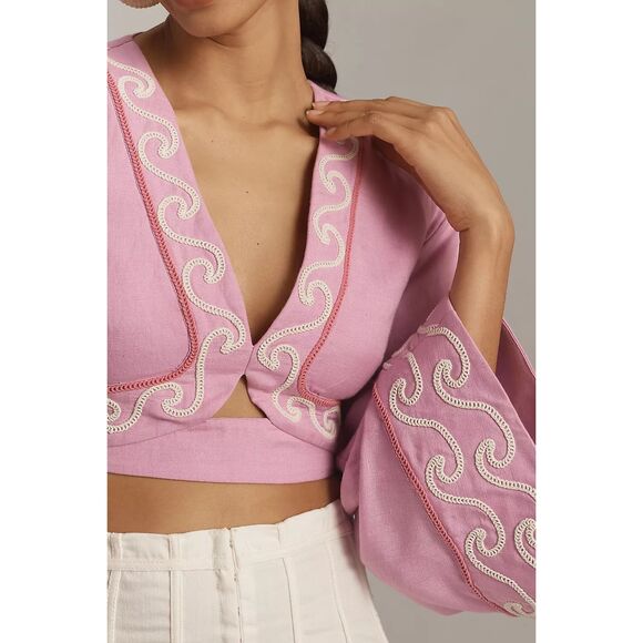 Significant Other Nara Linen Crop Top- Taffy Pink Embroidered detail Size 4 NWT - Picture 2 of 7